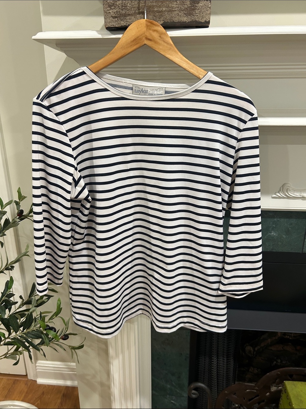 Taylor Brooke made I’m Canada White and Navy Striped Boatneck Long Sleeve Top